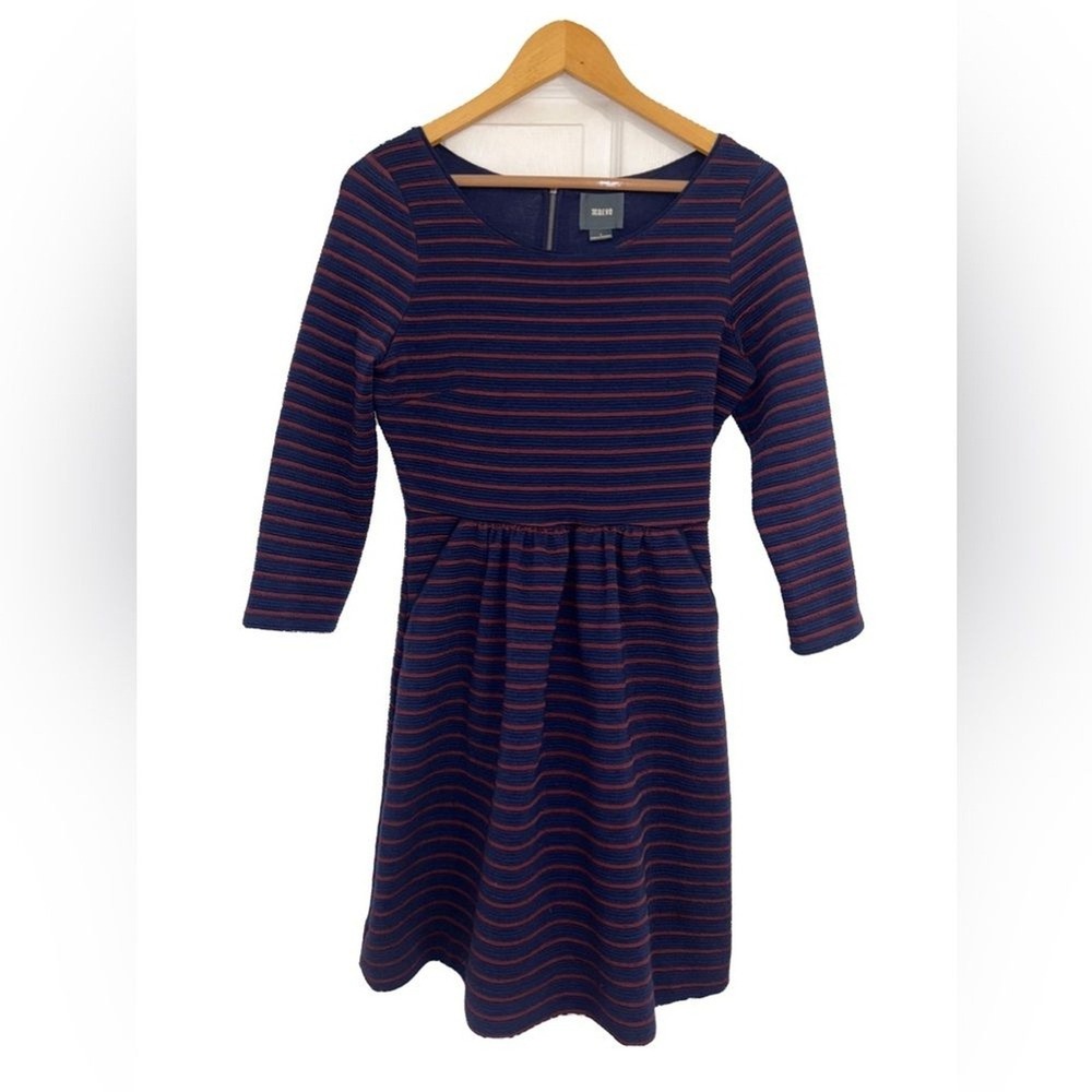 Maeve Anthropologie Striped Fit & Flare Dress Navy Blue Burgundy Red‎ Size 4